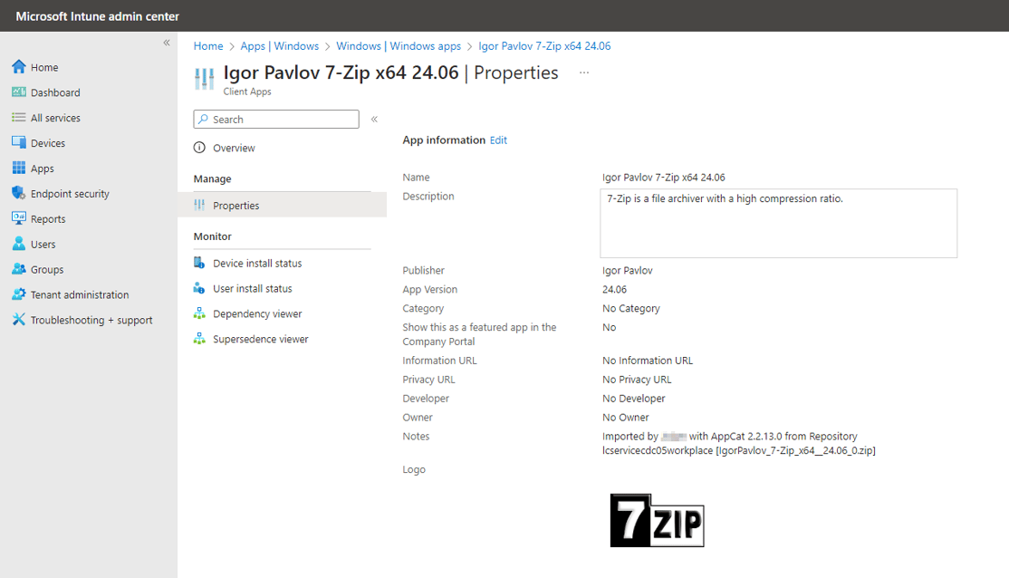 7-Zip Applikation in Microsoft Intune